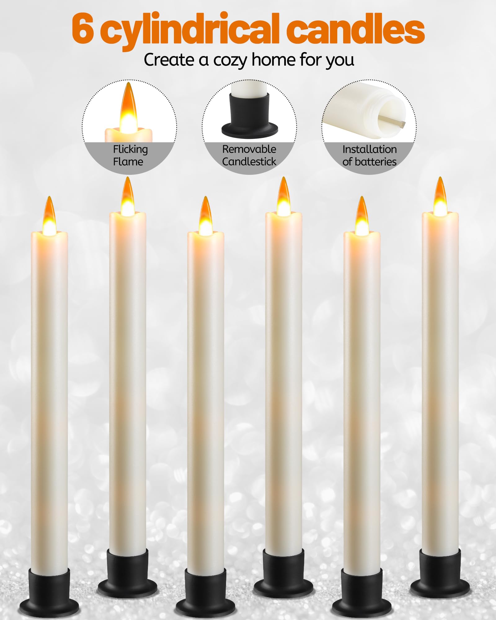 Da by Candela LED con telecomando e timer, candela a LED a cono alimentata a batteria, stoppino dinamico 3D, set di 6, avorio, con 6 basi nere, adatto per casa, matrimonio, decorazione festiva