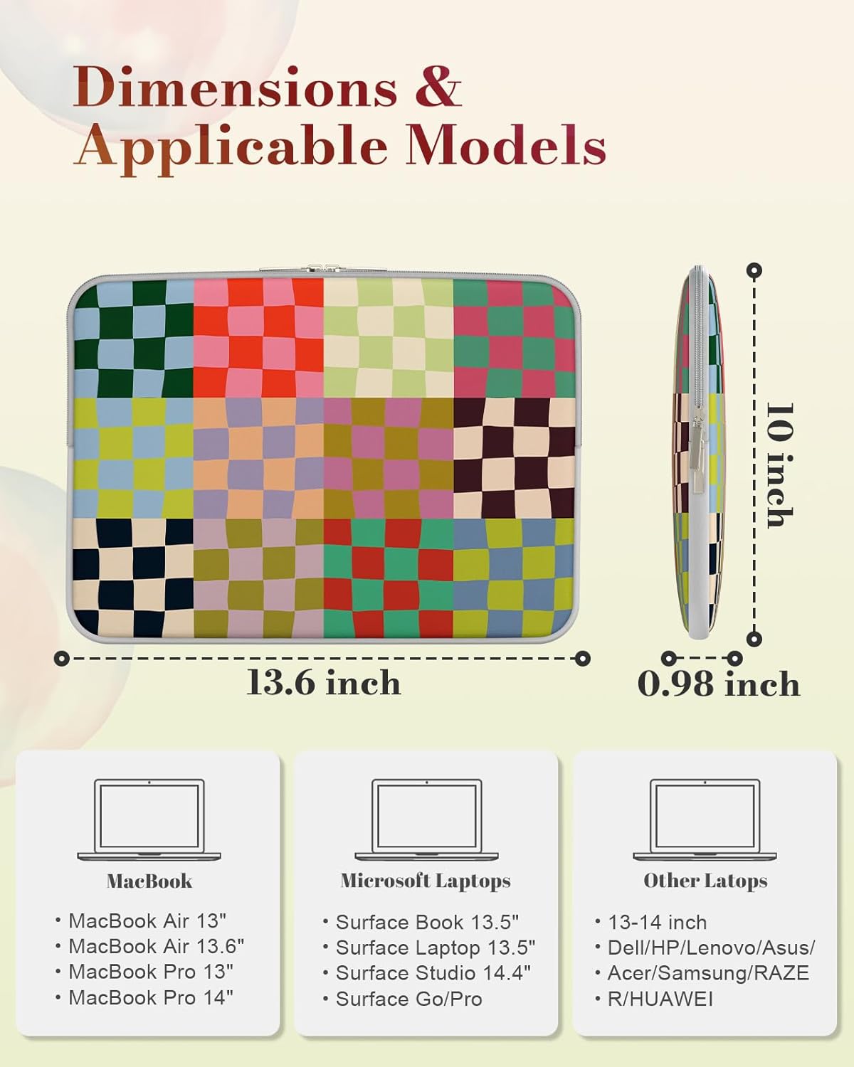 iCasso Laptop Sleeve 13 inch for MacBook Air 13-13.6 inch, Cute Laptop case for MacBook Pro 13 inch 14 inch, Slim Protective Travel Carrying Case Sleeve for 14 inch Chromebook, HP, Dell, Checker - Image 2