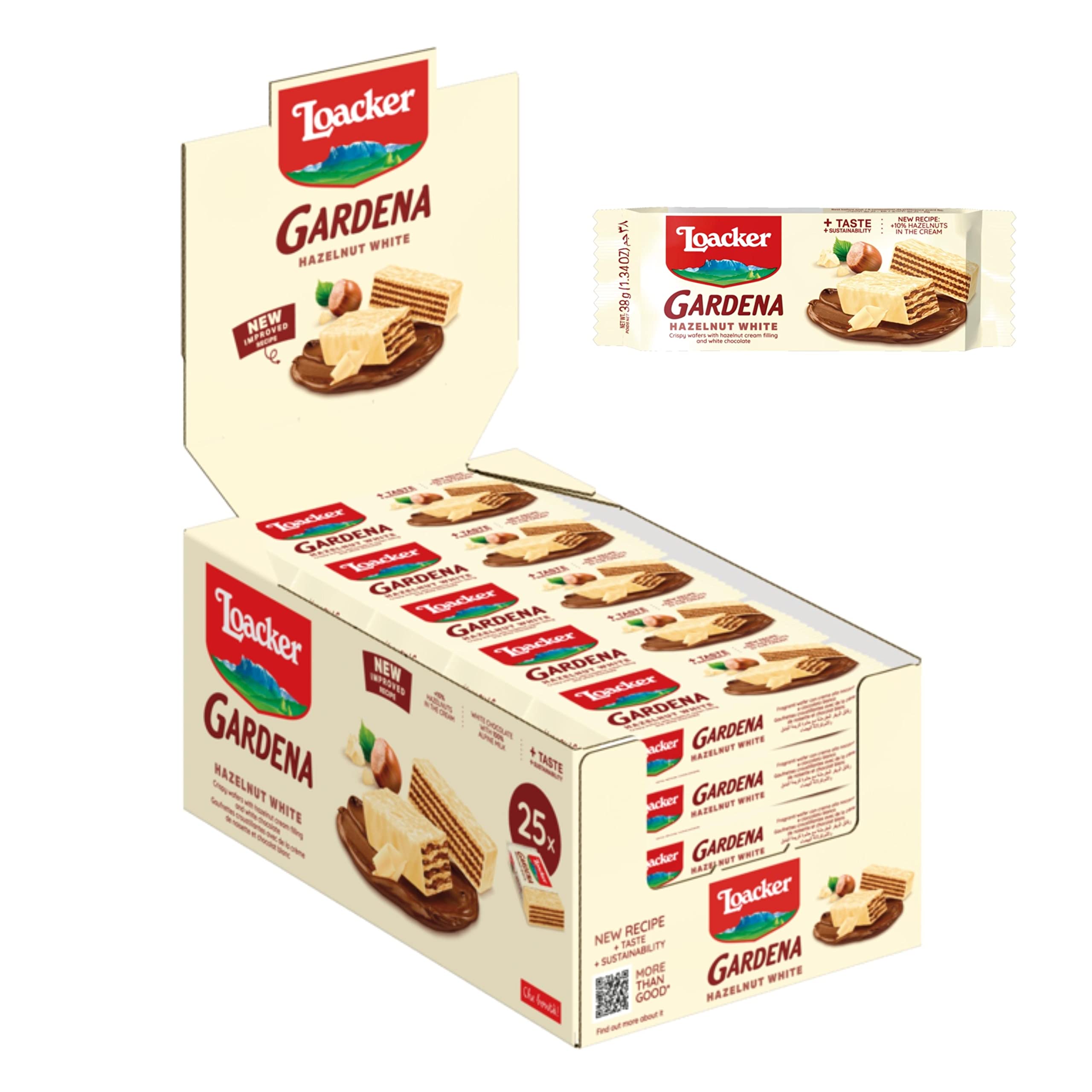 Loacker Gardena (Hazelnut White) • Mit weißer Schokolade überzogene Waffeln und zarte Haselnusscreme-Füllung • Waffel-Kekse Großpackung (25 x 38g)