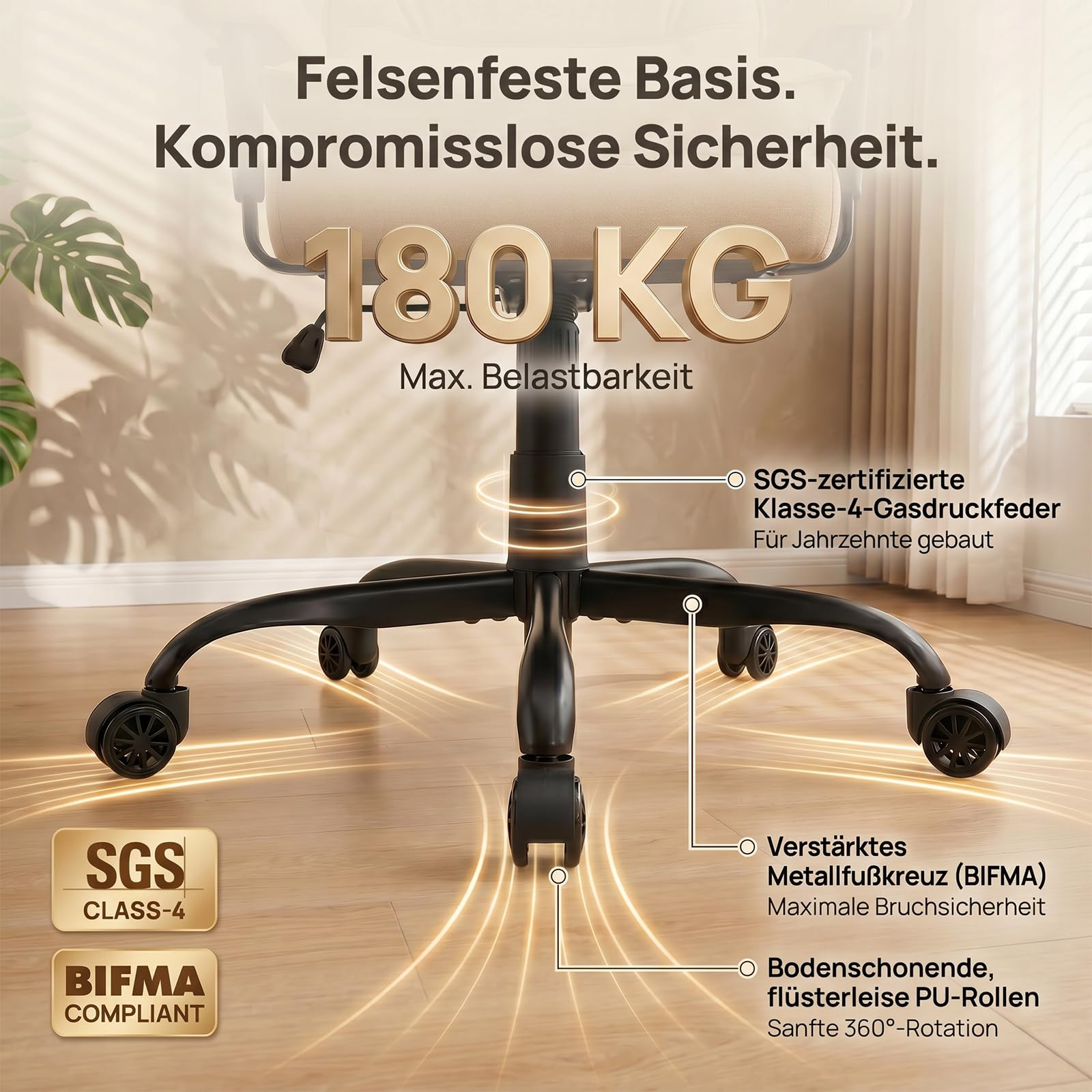 EXCEBET Bürostuhl mit Taschenfederkern, Ergonomischer Chefsessel aus Stoff mit Fußstütze, 155°Verstellbarer Schreibtischstuhl, Hoher Computerstuhl bis 180 kg, Breiter Sitz für Schneidersitz (Beige)