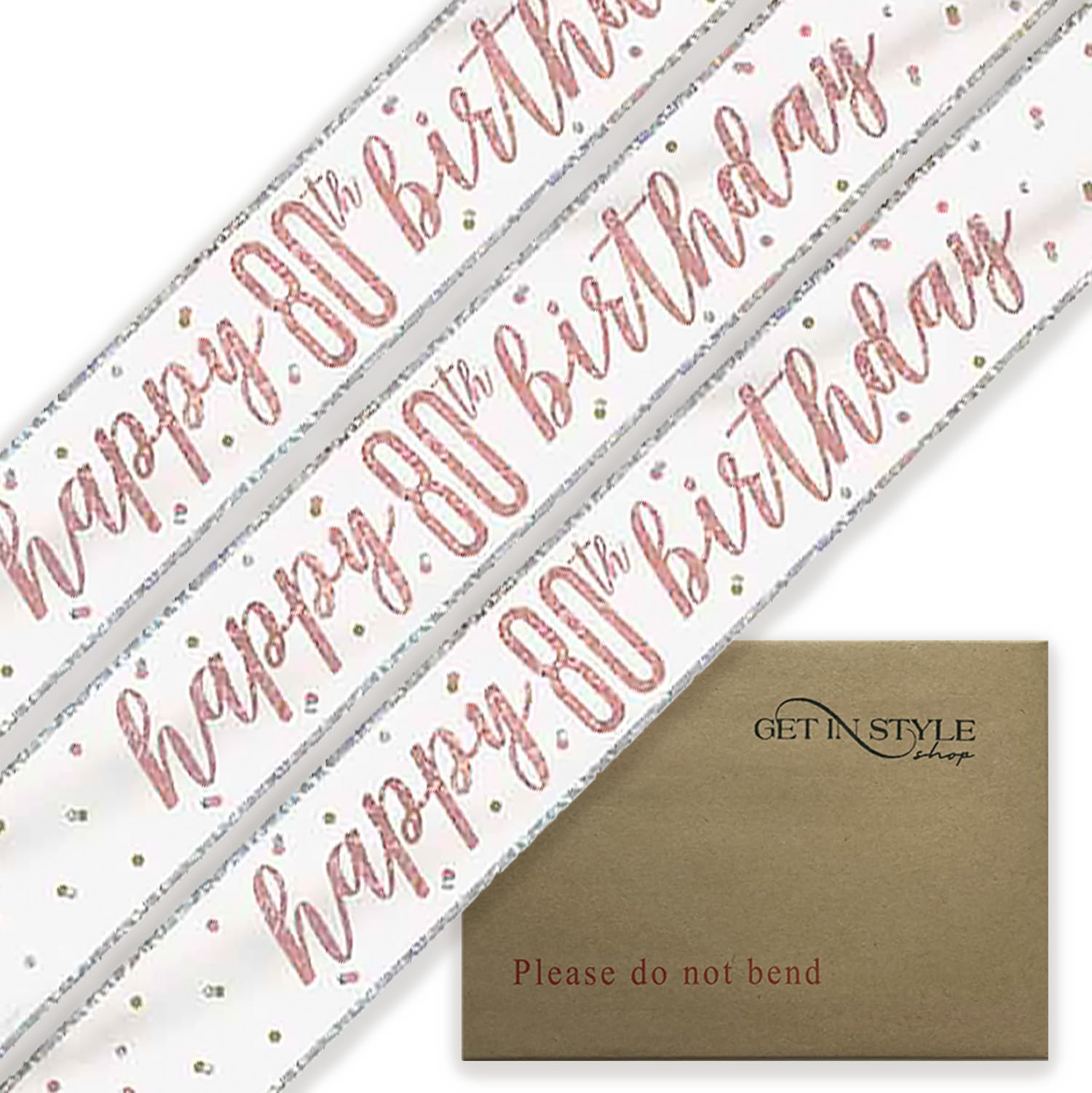 9ft Banner Happy 80th Birthday Sparkling Fizz White & Rose Gold Holographic Foil Pennant (274cm) – Stunning Dazzling Party Decor for a Memorable Milestone