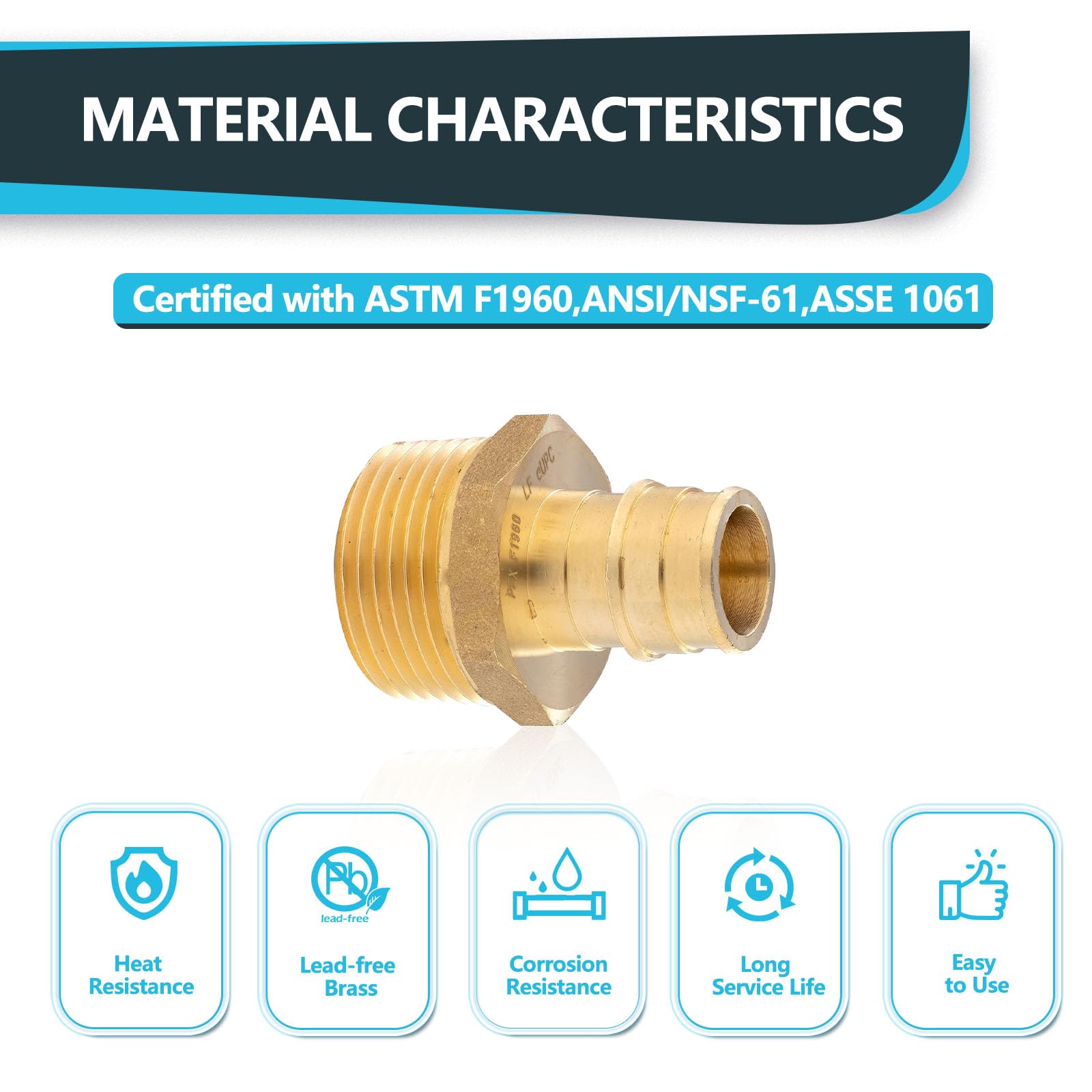 (10 sztuk) Seelink PEX-A złączki rozszerzające, PEX-A 3/10.2 cm x 2.5 cm adapter NPT, mosiężne złączki do rur rozprężnych, do przewodów rurowych PEX, ASTM F1960