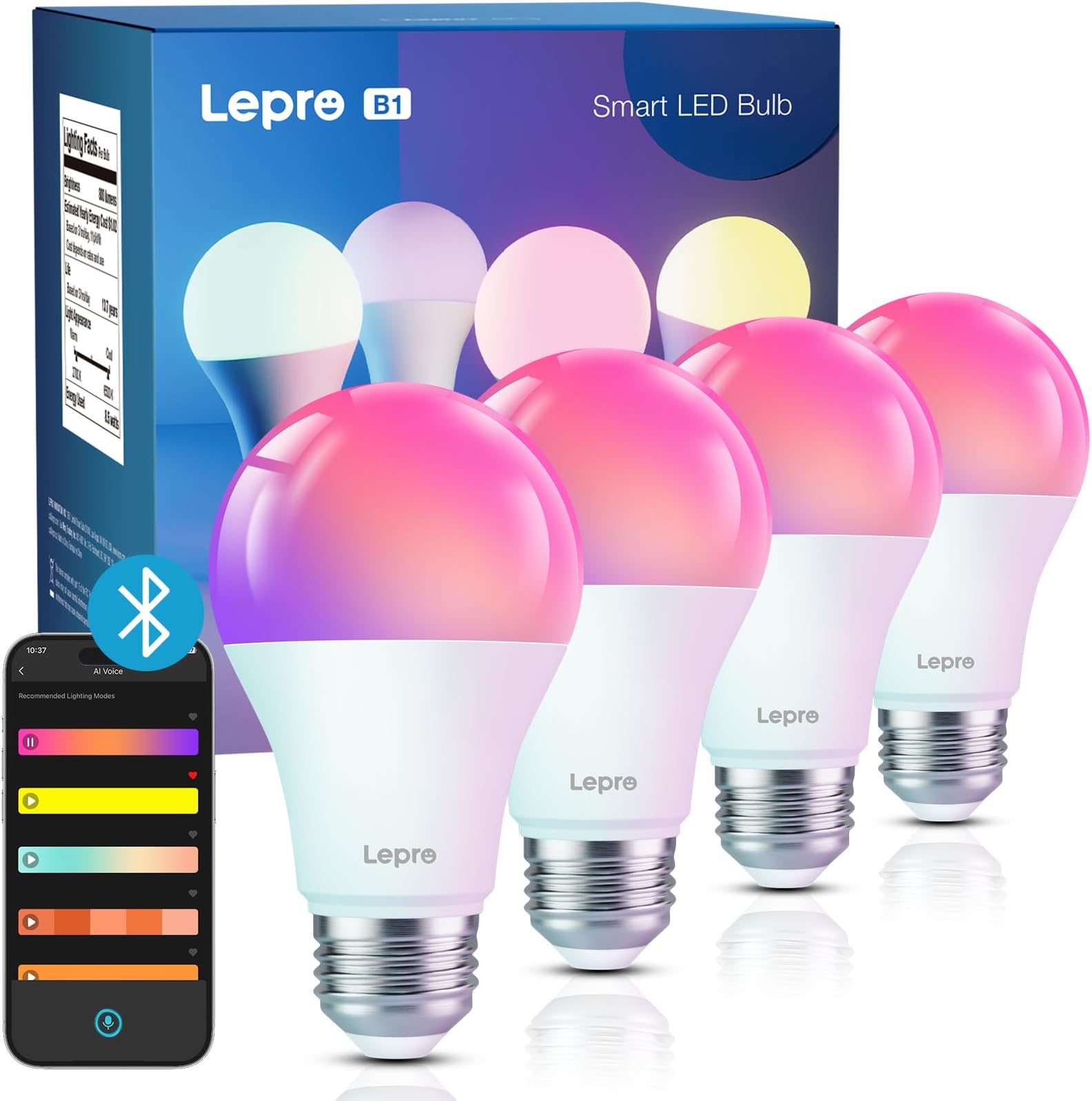 Lepro BP1 AI Smart Bulb E14, Music Sync Small Edison Screw Bulb, Voice Control, 4.9W 470LM Bluetooth & WiFi Bulb, LLM AI Lighting Design Assistant, Work with Alexa & Google Assistant, 4 Packs
