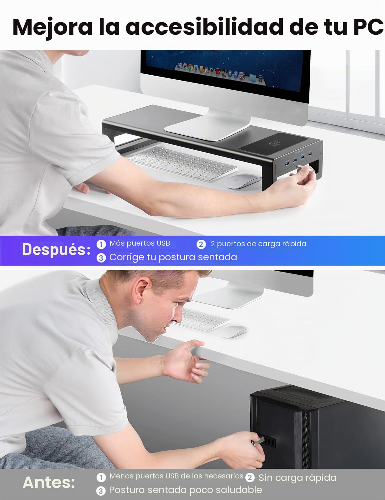 VAYDEER Soporte para Monitor con Carga Inalámbrica y USB | Soporte metálico con carga inalámbrica, puertos USB y cajones para organizar el escritorio