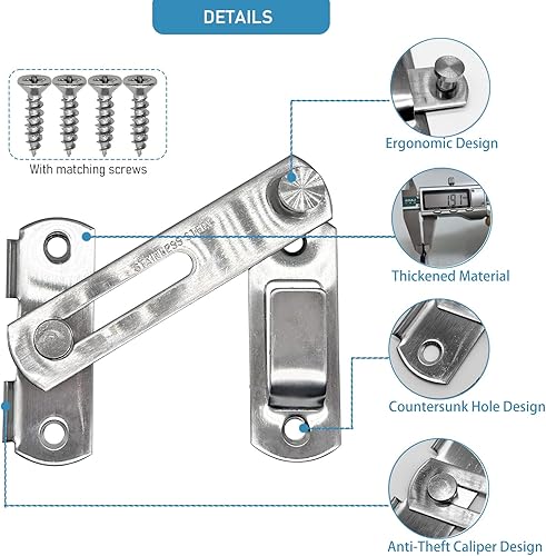 Miniatura 3 de Juego de 2 cierres de puerta de seguridad de 4 pulgadas para puerta de granero, acero inoxidable resistente, color plateado