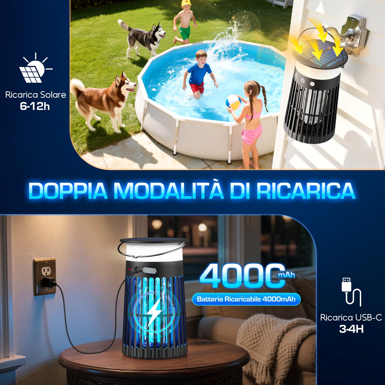 Lampada Antizanzare Solare da Esterno, Zanzariera Elettrica 4200V, Impermeabile IPX5, Ricarica USB-C e Solare, Batteria 4000mAh, Senza Fili per Giardino, Terrazzo, Balcone e Interni