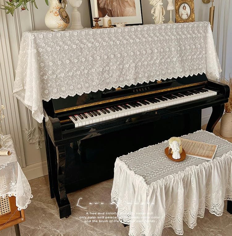 Klavier-Staubschutz, Klaviertastatur-Abdeckung, 130 x 250 cm, Retro-Staubschutz for Klavier mit weißer Spitze, Gänseblümchen-Blume, bestickt, mit Hocker-Abdeckung, halber Klavier-Abdeckung (Farbe: Gän