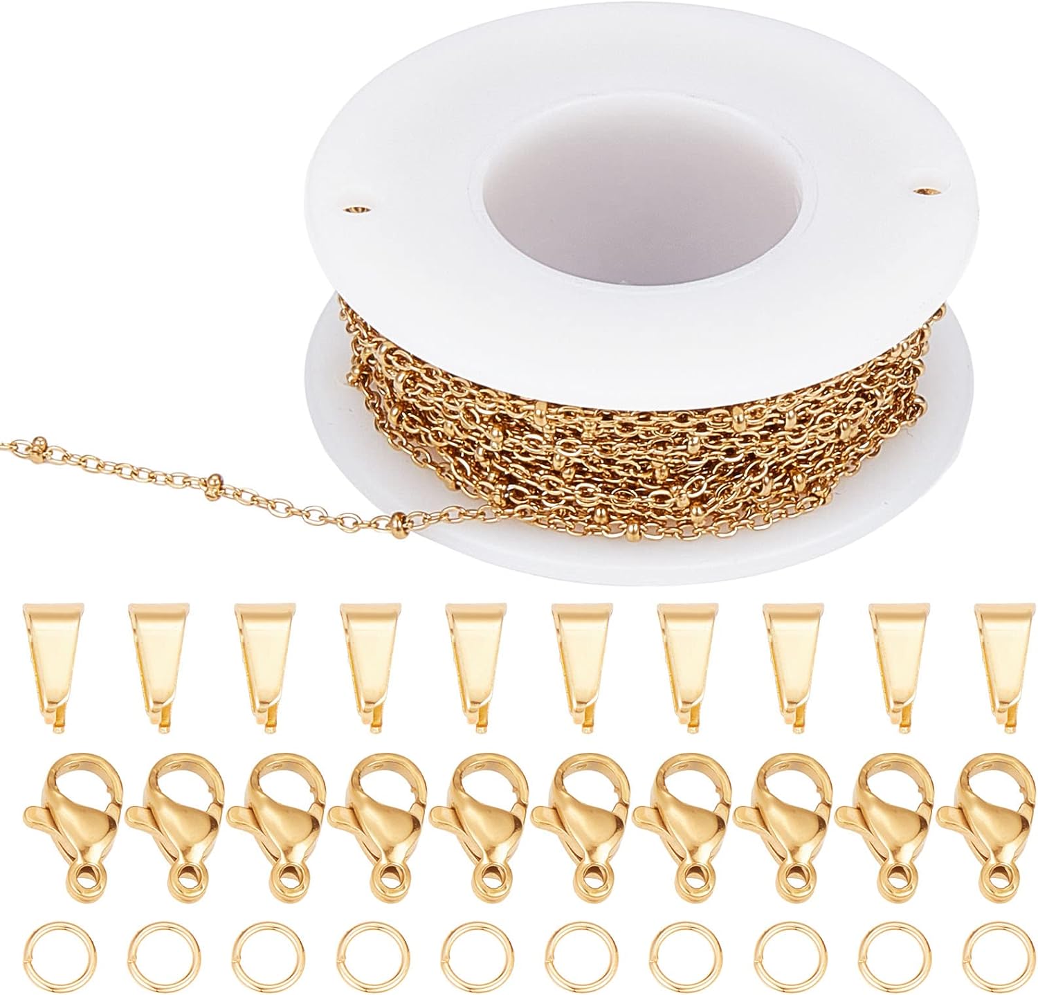 SUNNYCLUE 32.8Feet/ 10m Satellite Chain Bulk Real 18K Gold Plated Stainless Steel Bead Chains Cable Chain 100Pcs Brass Jump Rings 30Pcs Lobster Clasps 30Pcs Pinch Bails for Jewelry Making Supplies