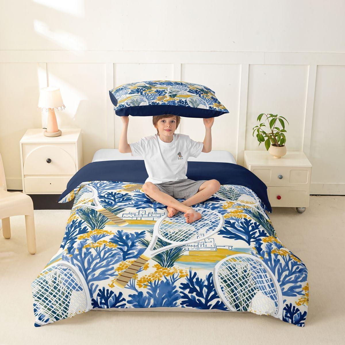 Fashion Tennis Duvet Cover Set Twin Size,Blue Leaf Seaside Bedding Sets 2Pcs for Kids Girls Boys Teens Room Decor,Coastal Village Scenery Comforter Cover Gaming Sports Quilt Cover,1 Pillowcase image 4