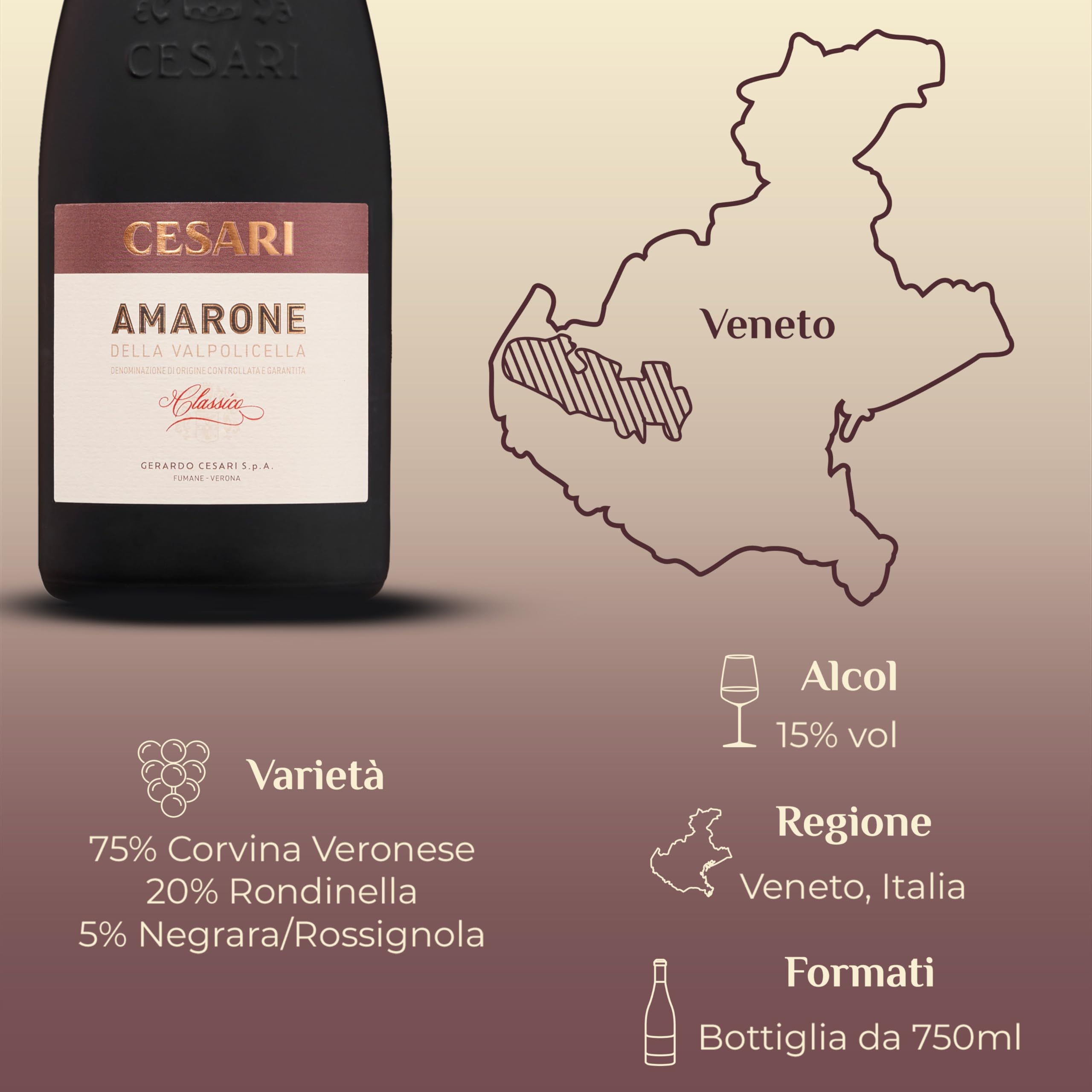 Cesari Amarone della Valpolicella Classico DOCG 2021 - Vino Icona, Elegante e Raffinato - 15% vol. - Bottiglia da 750 ml