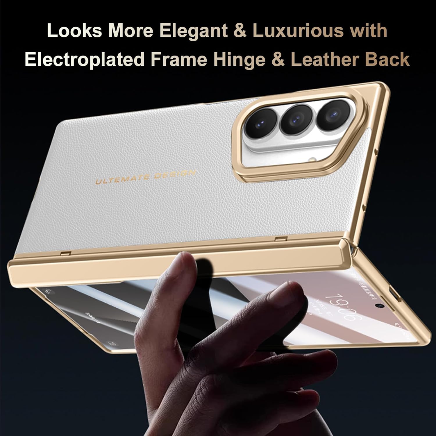 for Samsung Galaxy Z Fold 7 Case with Leather Back, Built-in Camera Kickstand, Electroplated Frame & Hinge Protection, Screen Protector, Thin & Slim Leather Stand Cover 5G 2025, White