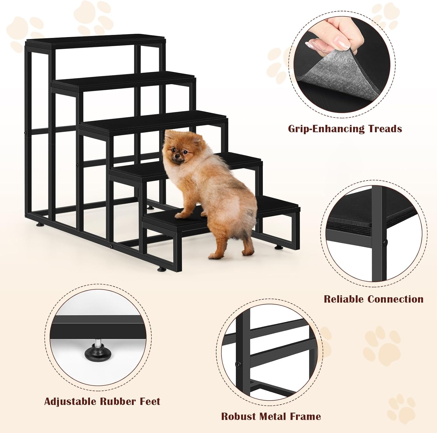 review Dog Stairs for High Beds 5 Tier Dog Steps Black Pet Steps Stairs Ramps with Non-Slip Stair Tread for Puppy, The Old, and Injured Dogs Cats