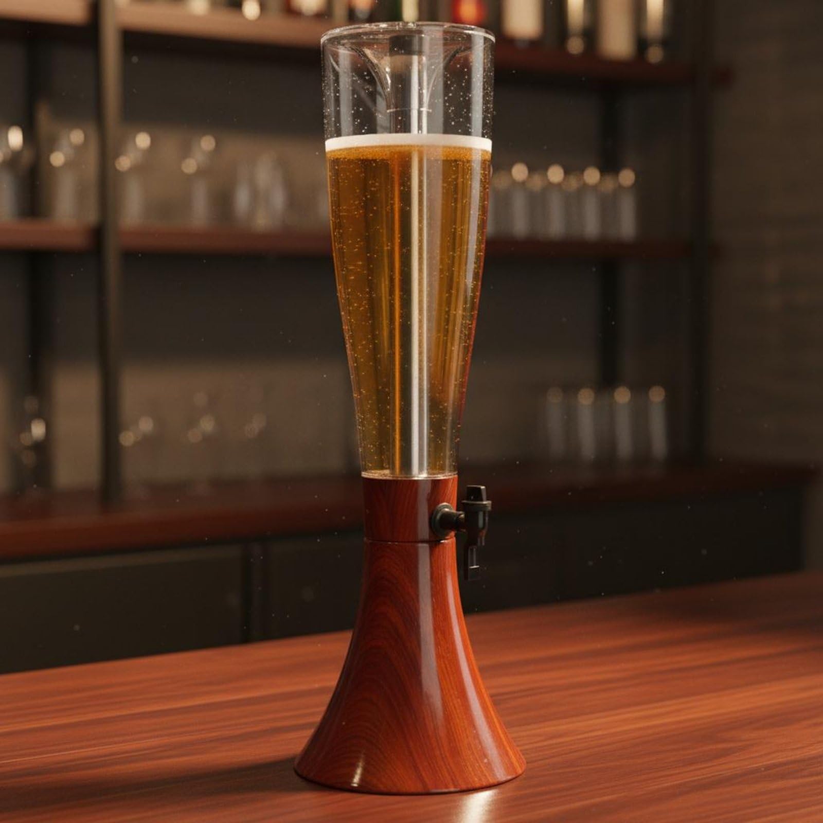 Dispensador de Cerveza de Acrílico Multiuso Dispensador Bebida con Grifo Base Estable Torre Bebida Madera para Bartenders, Fiestas, Moderno Con Base Negra