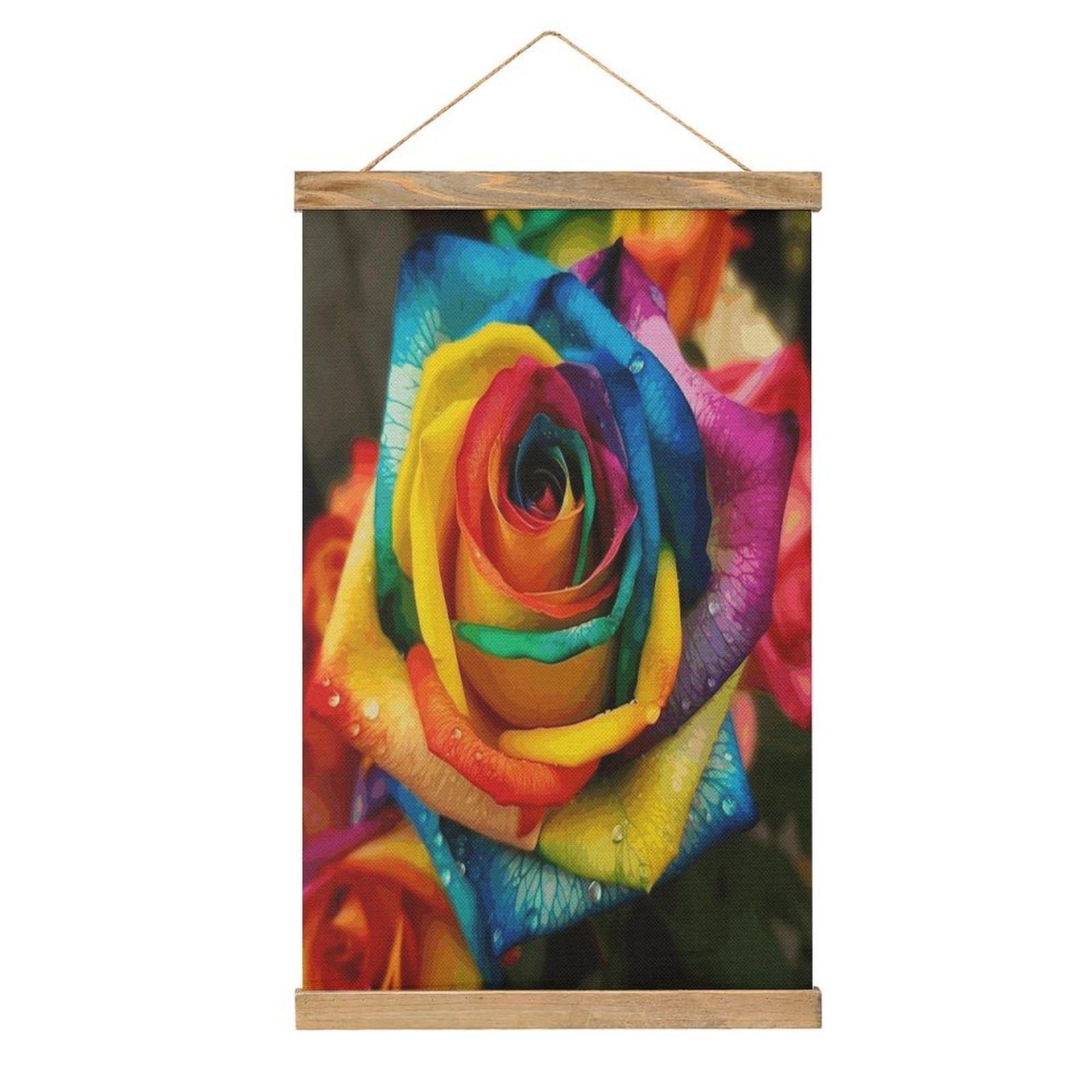 JTREHY Rainbow Rose Linen Hanging Painting Vintage Poster Wall Art Prints Personality Style Wall Hanging Poster for Living Room Office Bedroom Decor Frame 13.2 X 20.47 Inch