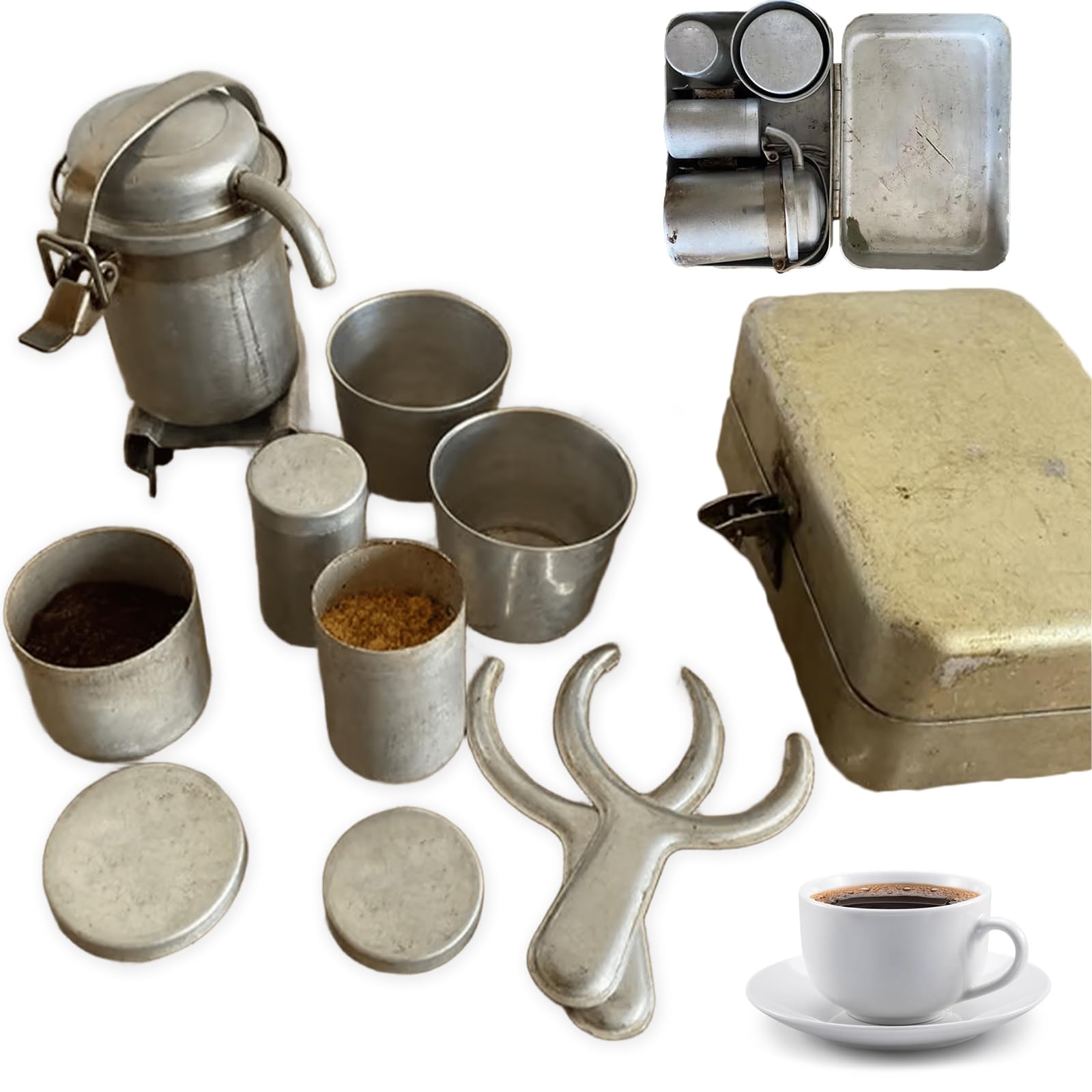 Seltenes Camping-Kaffeeset für Sammler: Vintage-Nostalgie-Espresso- & Pour-Over-Set, tragbare Mini-Camping-Kaffeemaschinen-Serviersets, Reise-, Campings- und Wandergeschenke für Kaffeeliebhaber