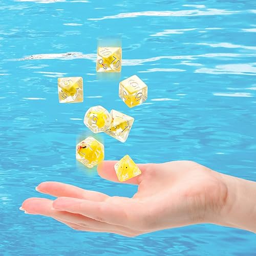 Miniatura 7 de Kathfly Juego de 14 dados de goma de resina, poliédricos rellenos de animales, patos de goma translúcidos con 2 bolsas negras para juego de mesa,