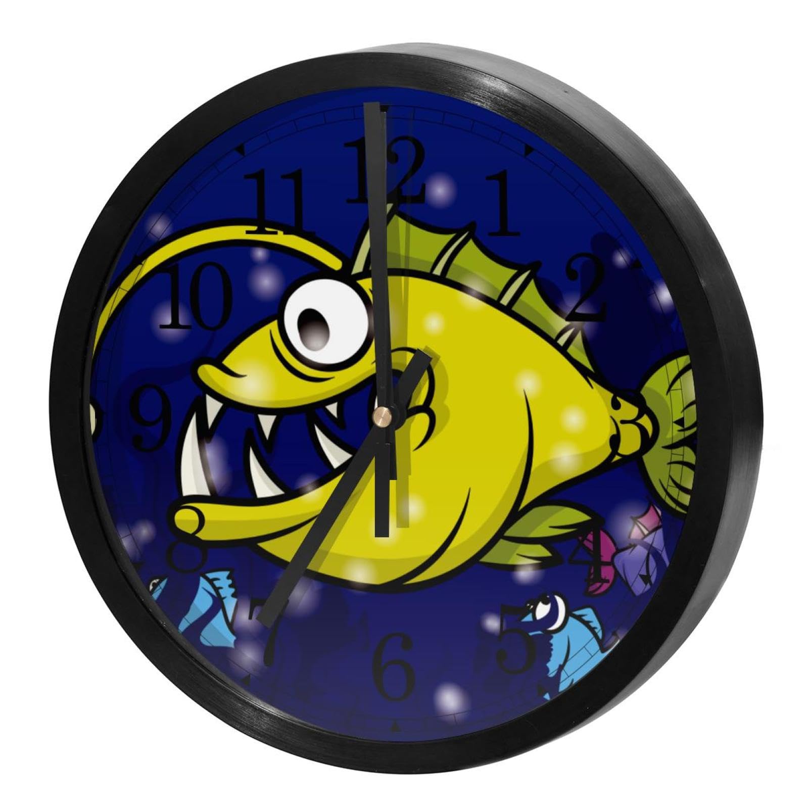 Horloge murale silencieuse jaune à quartz motif poisson pour bureau et cuisine