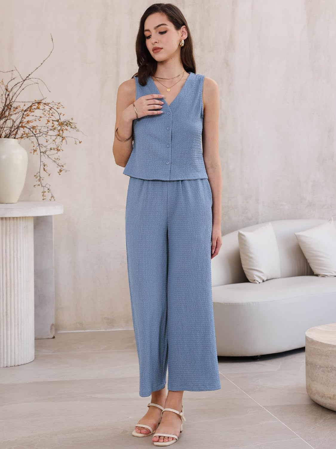 Allegra K 2 Piece Sets for Women's High Waist Pockets Textured Dressy Casual Lounge Pants Suit Set - Image 5