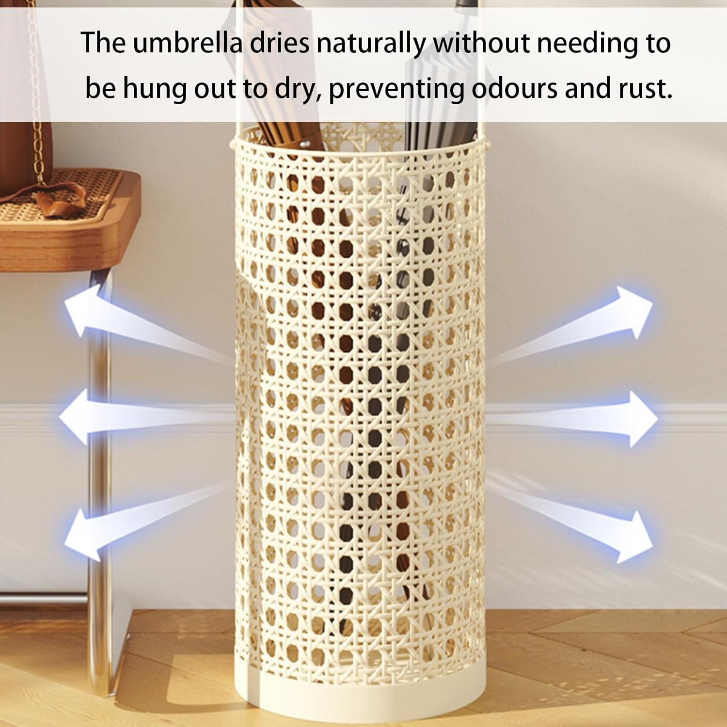 Decorative Metal Umbrella Stand Rack with Handle & Drip Tray, Free Standing Multi-Purpose Holder for Umbrellas & Walking Sticks - Stylish Entryway Storage Solution