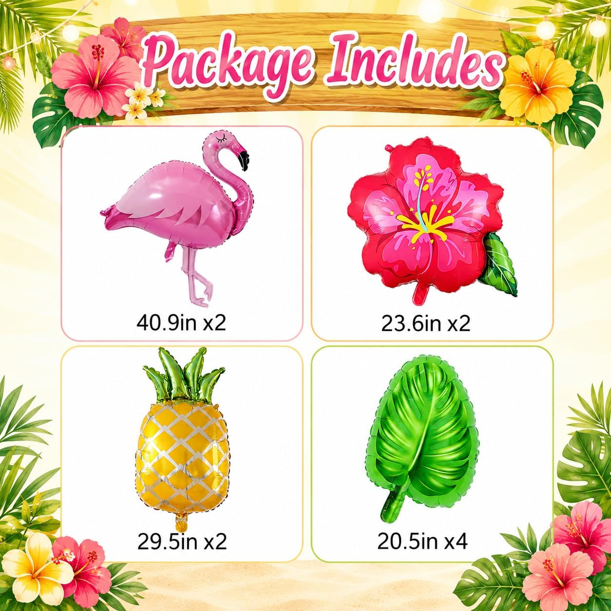 10Pcs Tropical Hawaiian Balloons, Flamingo Hibiscus for Luau Balloons Party | Pineapple Monstera Leaf Foil Balloons for Luau Summer Hawaii Aloha Beach Pool Birthday Party Decorations