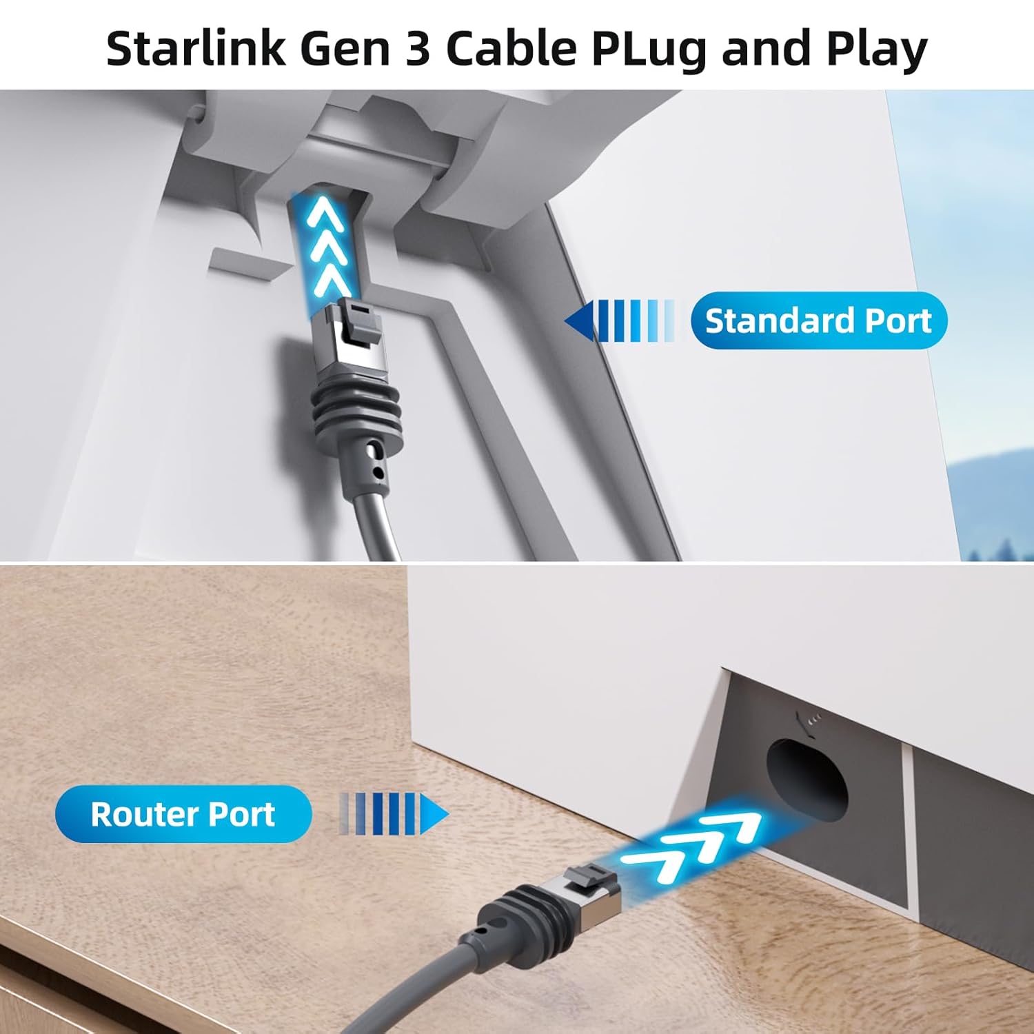 Starlink Gen 3 Cable 6FT/2M - Replacement Ethernet Cable for Rectangular Satellite V3 - Waterproof Standard Actuated - Gray