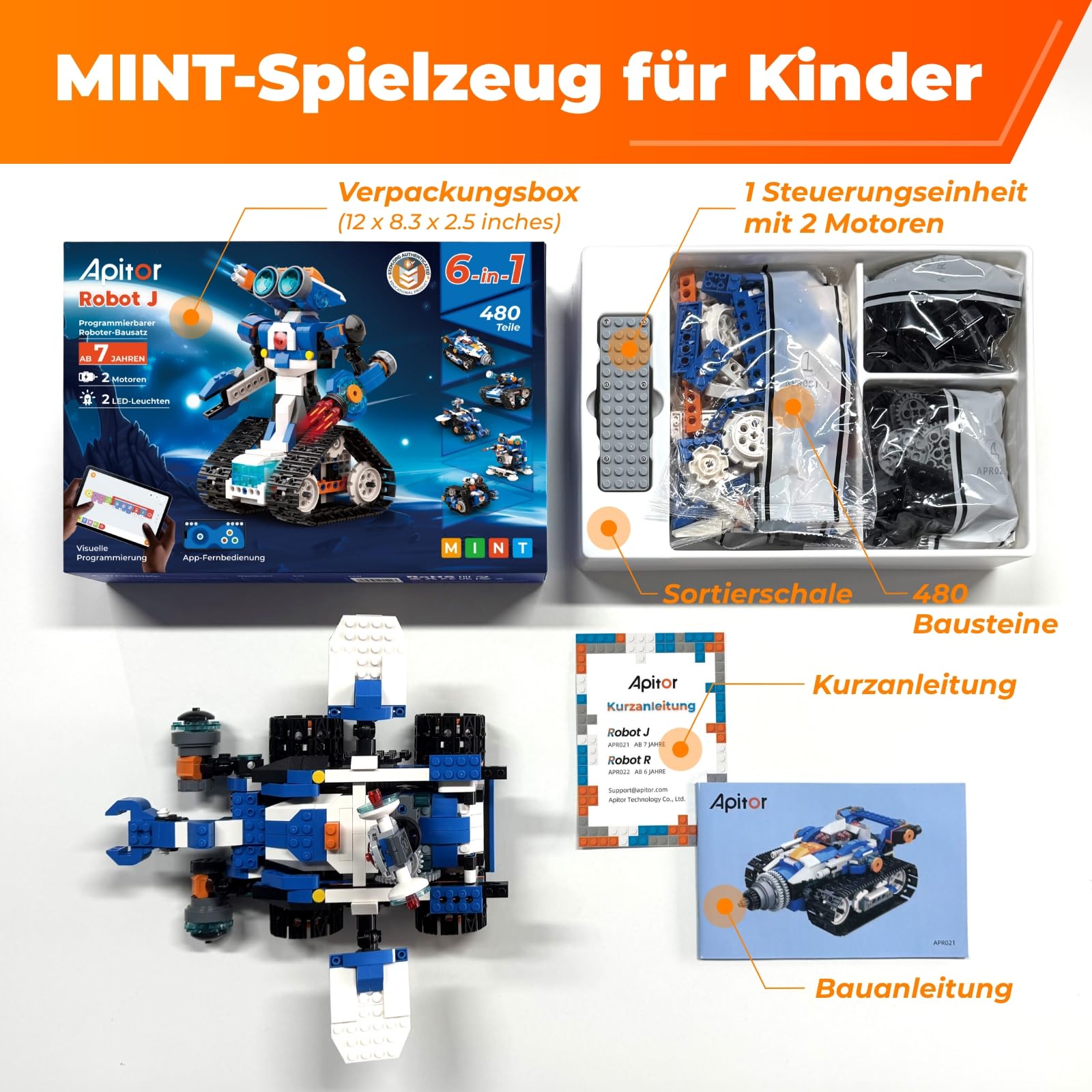 Apitor Robot J – Programmierbarer Roboter Bausatz für Kinder, 6-in-1 STEM Lernspielzeug mit App-Steuerung, Jungen & Mädchen ab 7 Jahren (480 Teile)