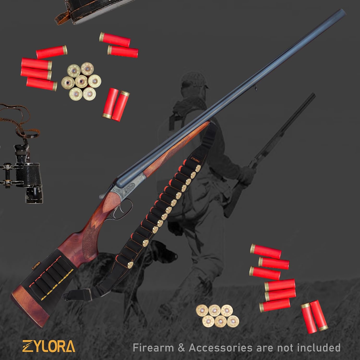 ZYLORA Shotgun Sling with Shell Holders for Shotguns, Adjustable 2 Point Neoprene Padded Non-Slip Shoulder Strap with Metal Swivels, Hunting, Tactical & Remington/Mossberg Compatible