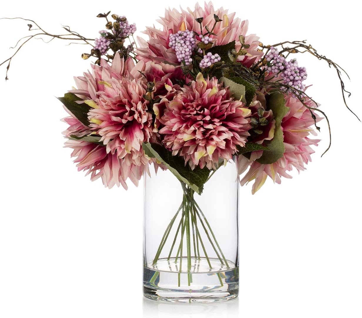 ENOVA FLORAL Dahlia Silk Flowers in Vase, Fake Flower Artificial Arrangements in Vase with Faux Water for Dining Table Centerpieces, Home Decor (Purple)