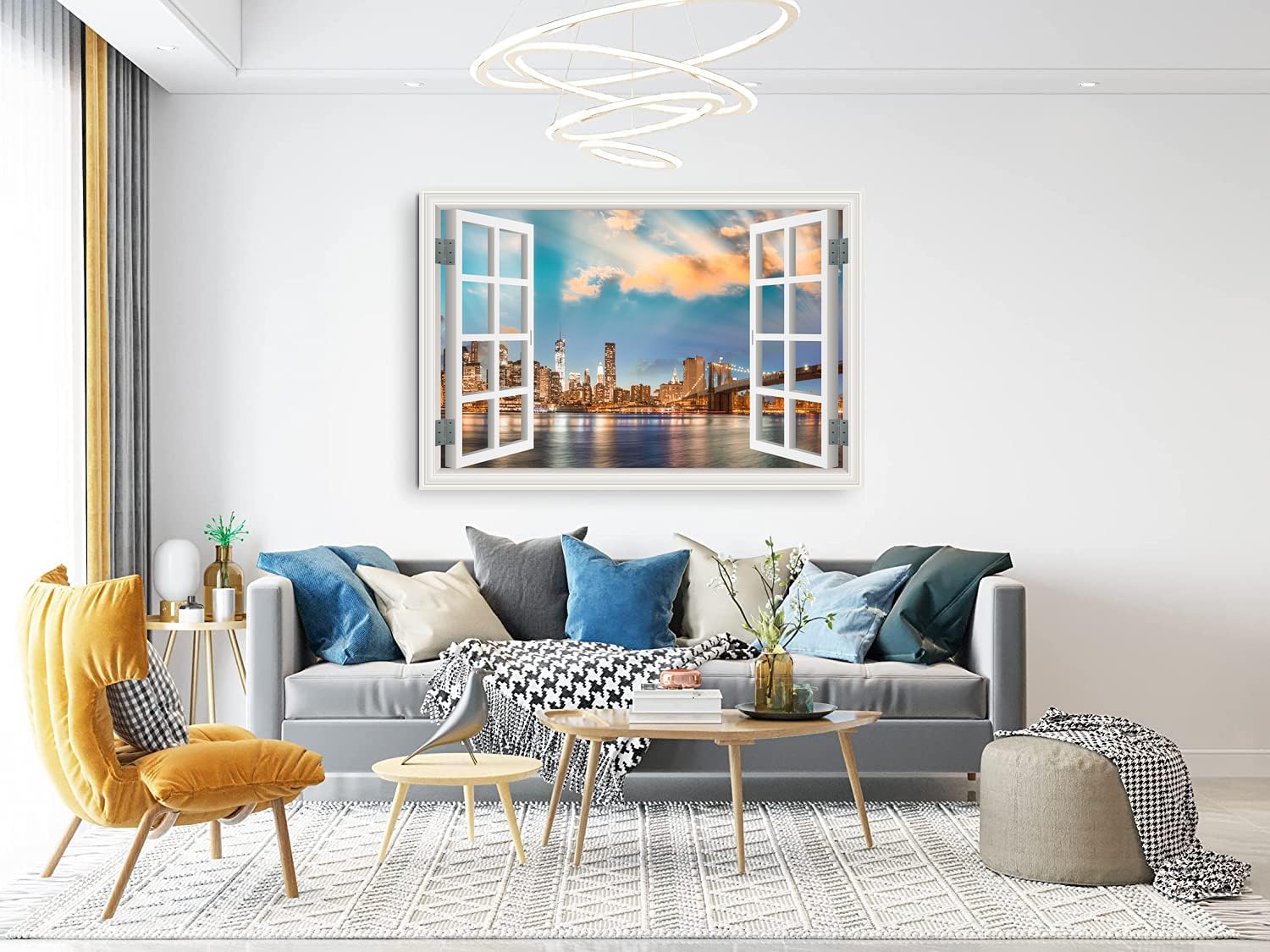 Window View New York Brooklyn Bridge Canvas Wall Art- Nature Landscape Canvas Print Picture Artwork Framed for Living Room Bedroom Bathrom Offce-24"x36" 36"L x 24"W Brooklyn Bridge