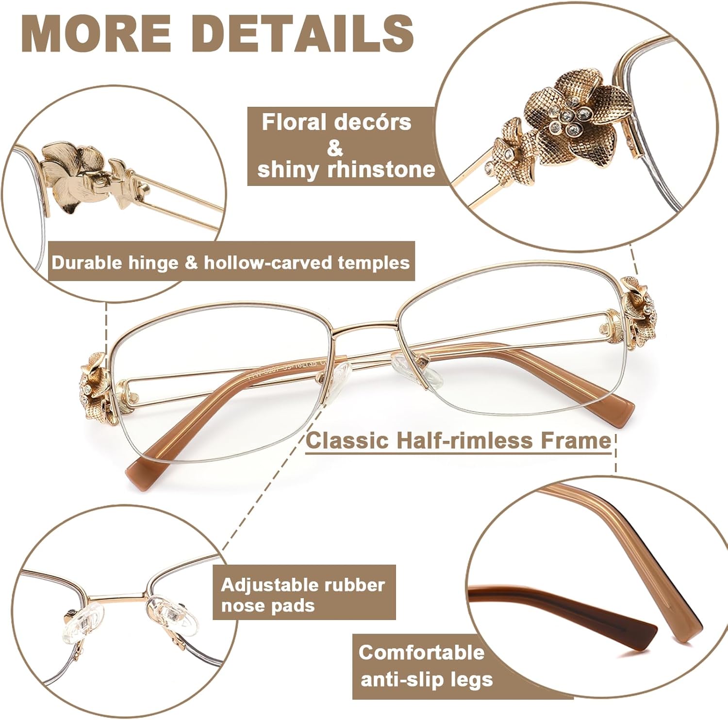 touk Photochromic Progressive Multifocal Reading Glasses for Women, Stylish Half Rim Metal Frame Anti Blue Light Sun Readers - Image 5