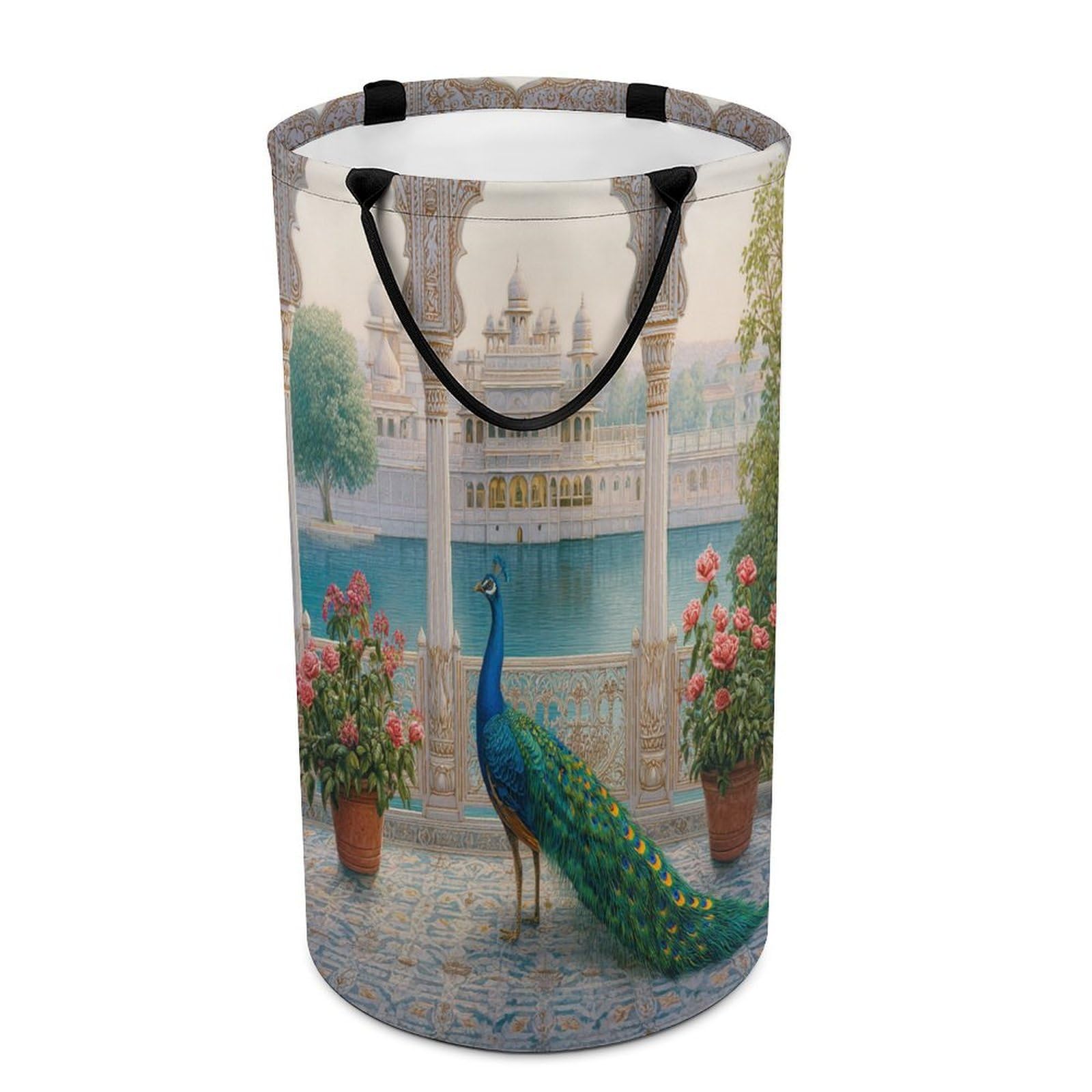 LUYYSKY Beautiful Rustic Elegant Peacock Versatile Storage Laundry Basket, Retro Oil Painting Castle Animal Peacock Plant Flowers Large Bathroom Laundry Hamper With Handle-40 CM Dia, 69 CM High
