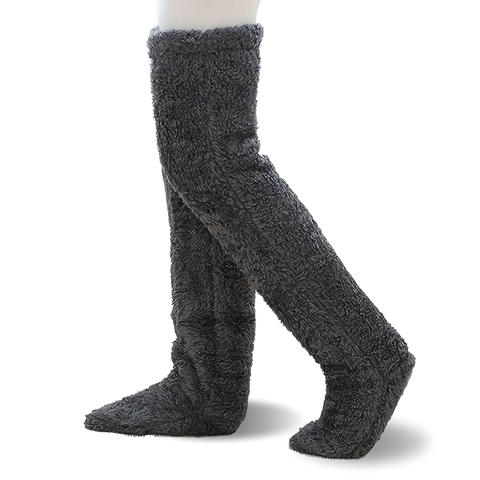Madginine Unisex Grey Long Fluffy Socks, Thigh High & Over Knee High Fuzzy Socks, Cozy Winter Thermal Home Sleeping Socks