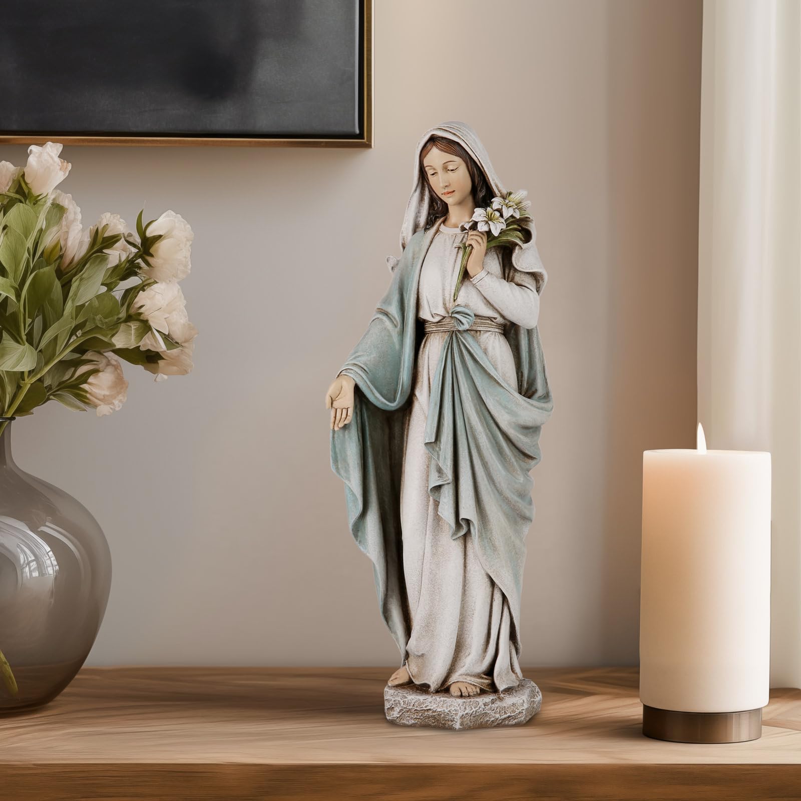 Grace4Joy Statua Madonna Beata Maria: statua della Madonna Vergine Maria, elegante decorazione per la casa, dipinta a mano, Santa Maria con gigli, collezione Renaissance.