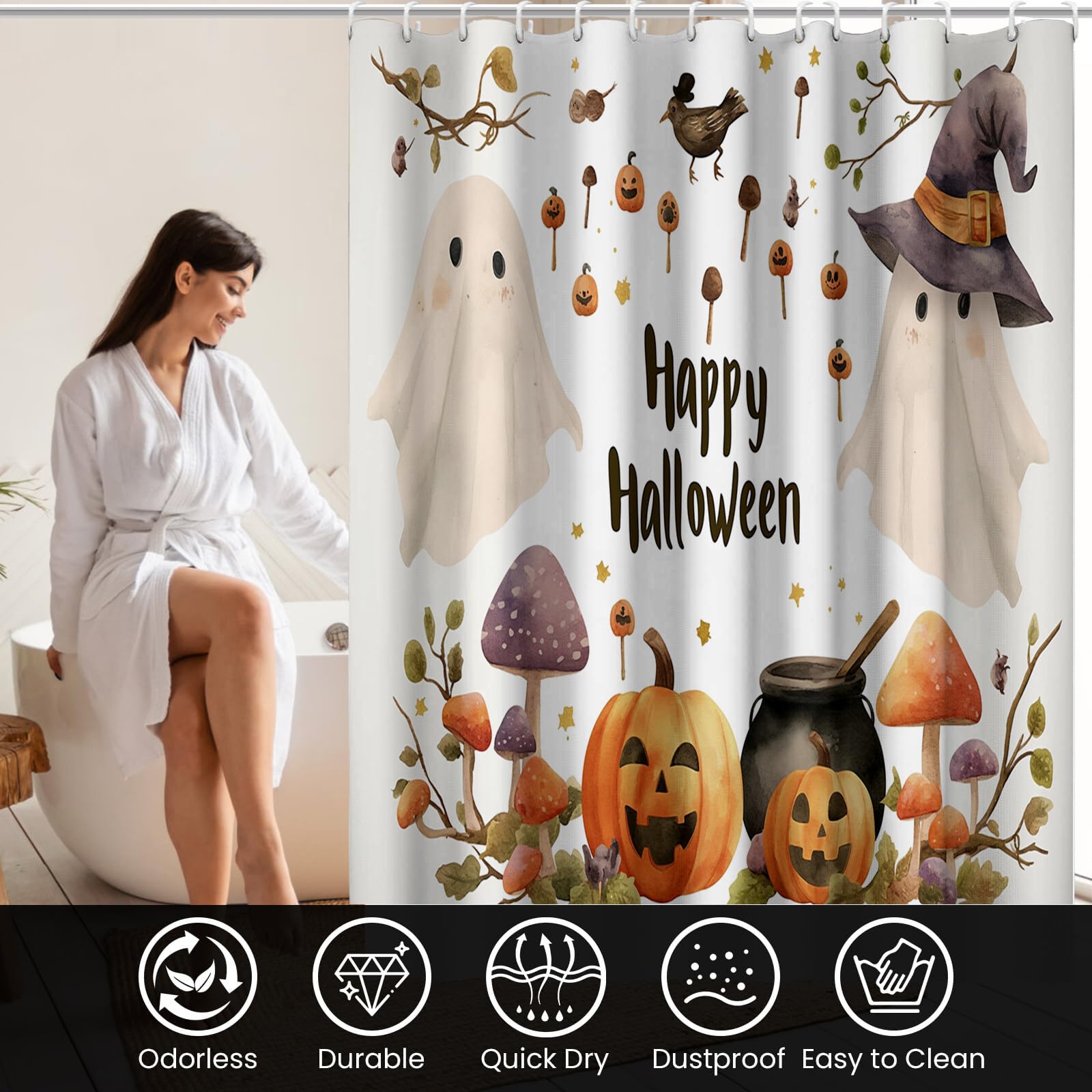 Duschvorhang Kürbispilz H240Xb200Cm | Retro Country Halloween Wasserdichter Stoff Maschinenwaschbarer Badezimmervorhang Mit Haken