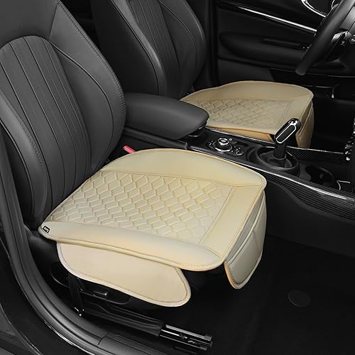 Elantrip 2 fundas de asiento de automóvil de piel sintética beige con acolchado cómodo y bolsillos de almacenamiento, impermeables, antideslizantes,