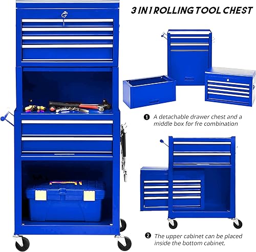 Miniatura 10 de Carro de herramientas rodante de 4 cajones, armario organizador de almacenamiento de herramientas de metal con sistema de bloqueo y ruedas, caja de