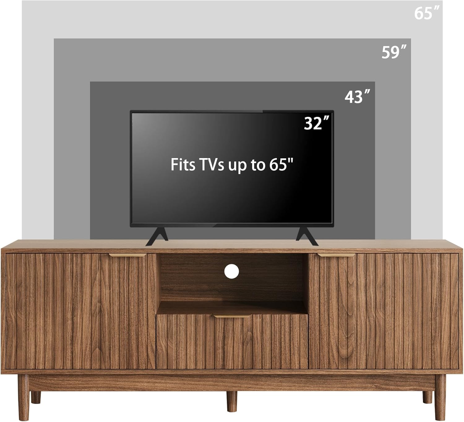 Wooden Fluted TV Stand,Home Entertainment Center,with One Drawer and Two Cabinets with Doors,Metal Handles,Solid Wood Legs,Suitable for Living Room and Bedroom. (TV Stand-Walnut)