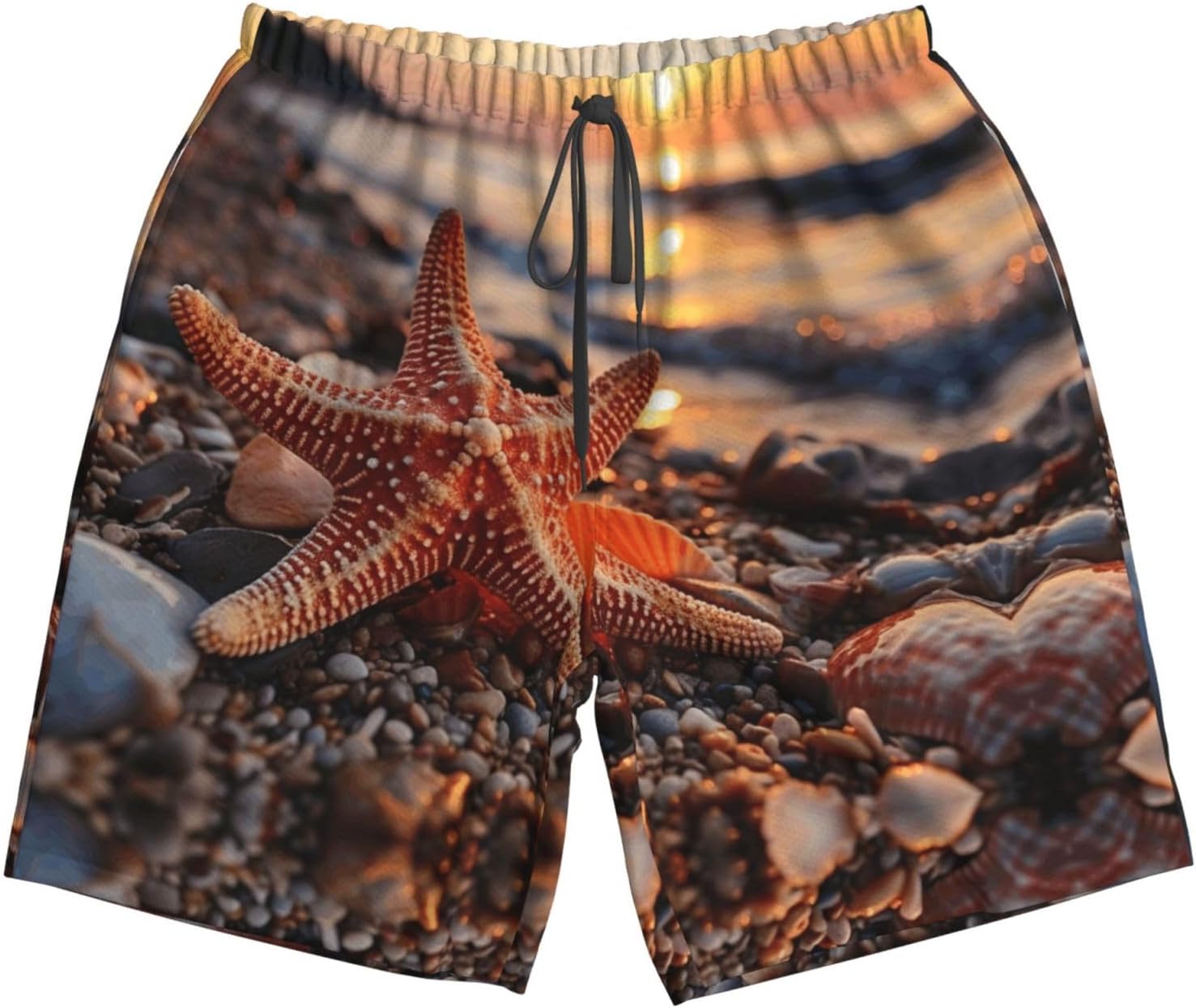 Sunset Afterglow Yellow Starfish Print Mens Casual Shorts Drawstring Summer Beach Stretch Shorts Novelty Swimtrunks