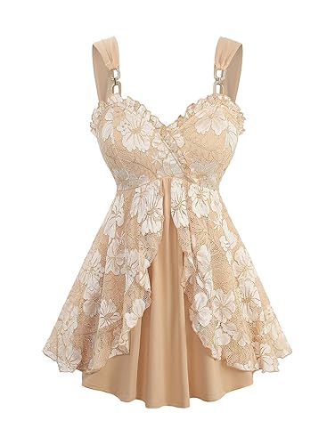 ROSE GAL Rosegal Women Plus Size Elegant Summer Babydoll Tank Top Floral Lace Overlay Peplum Hem Surplice Tank Top - Khaki_1 - 3X