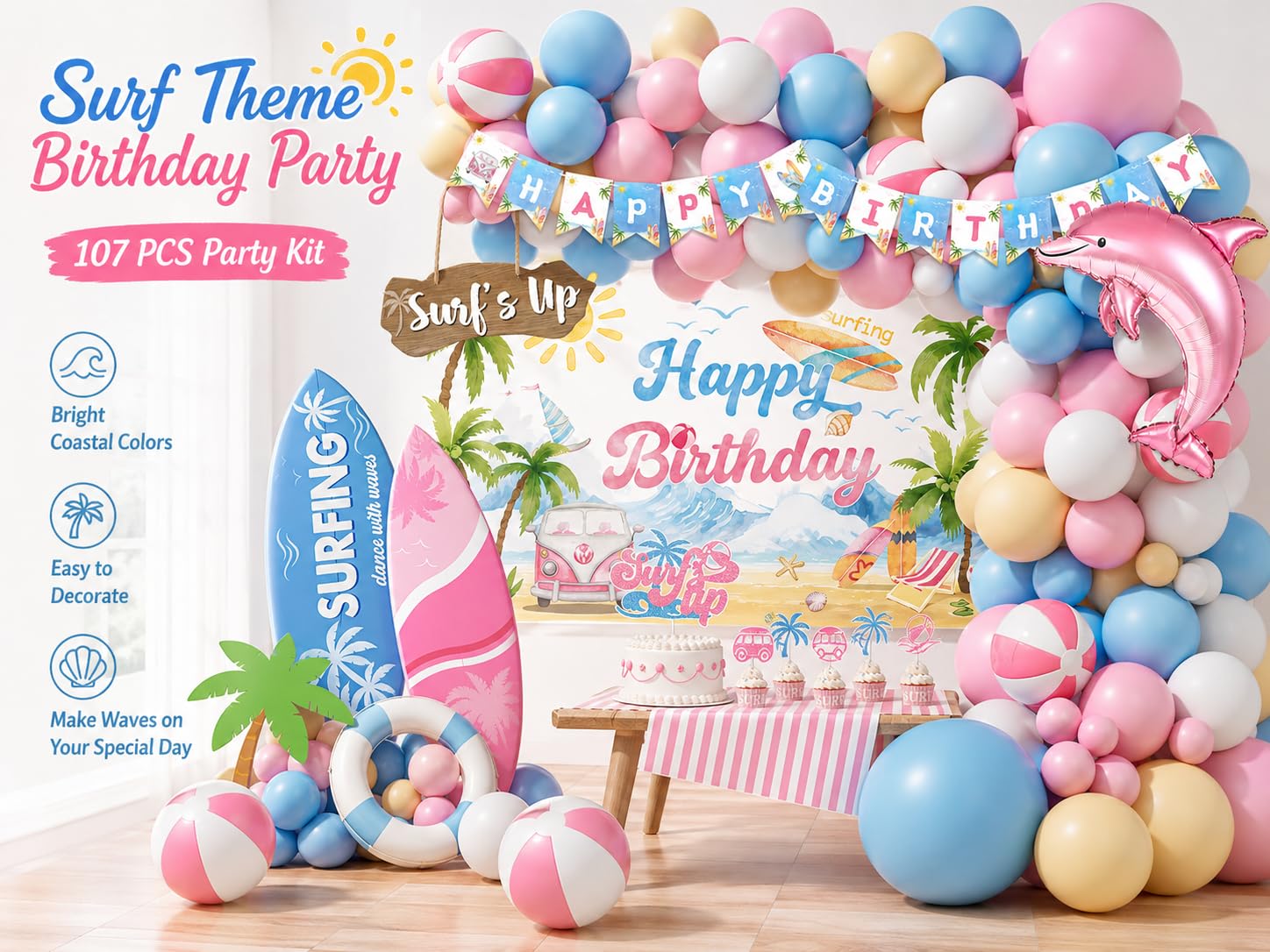 Decoraciones de fiesta de cumpleaños de surf, decoraciones de fiesta de cumpleaños en la playa para niñas, suministros de cumpleaños de olas hawaianas de verano, guirnalda de globos, tabla de surf