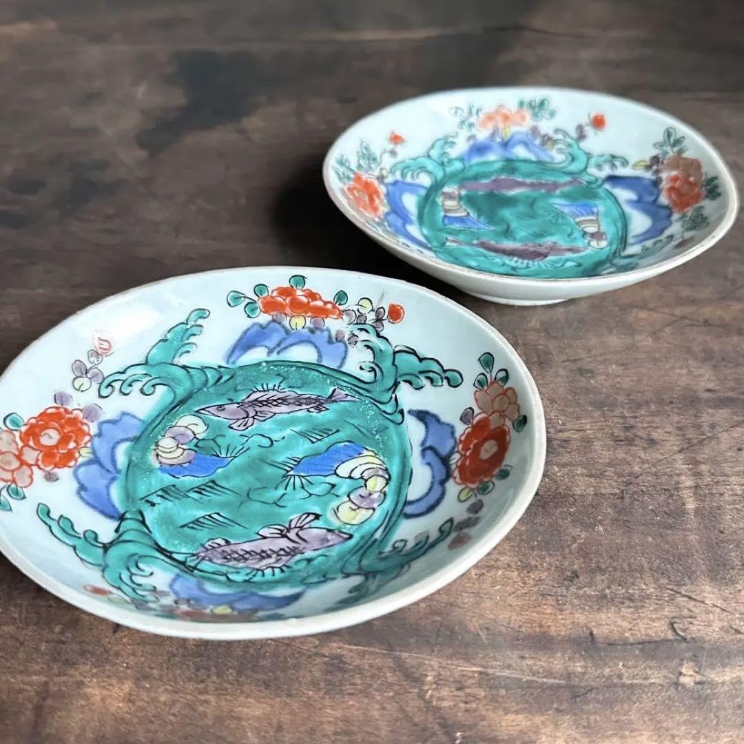 ★ 古伊万里　色絵染付　双魚に花文　小判型　変形小皿　４客　（江戸中期）/ 柿右衛門手　向付　茶道具 小皿 5枚 江戸 古伊万里 色絵付 金彩 花文様 草文様 三方 骨董水