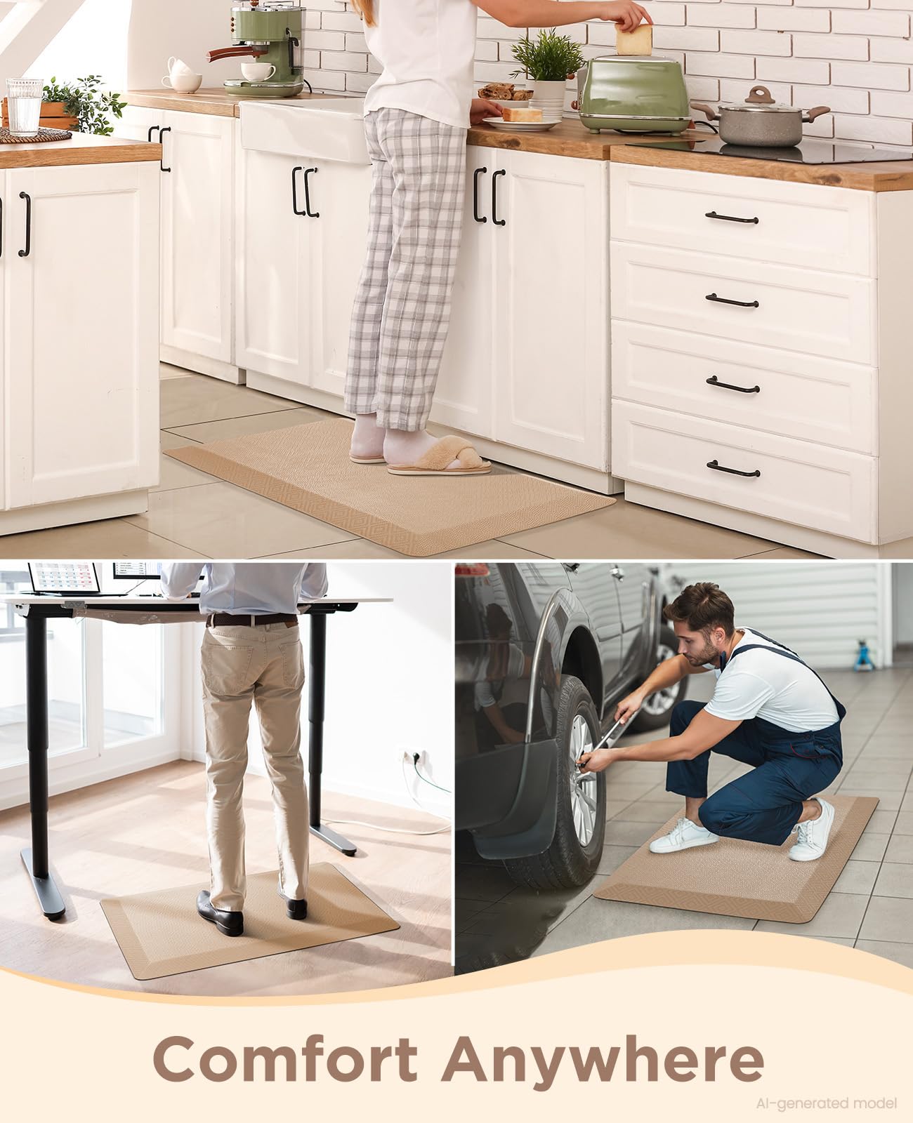 Ophanie Tappetini da cucina per pavimento, tappeti da cucina spessi 9,5 cm, 50 x 99 cm, tappetino imbottito anti-affaticamento, impermeabile, comodo, ergonomico per ufficio, casa, lavandino, fondo