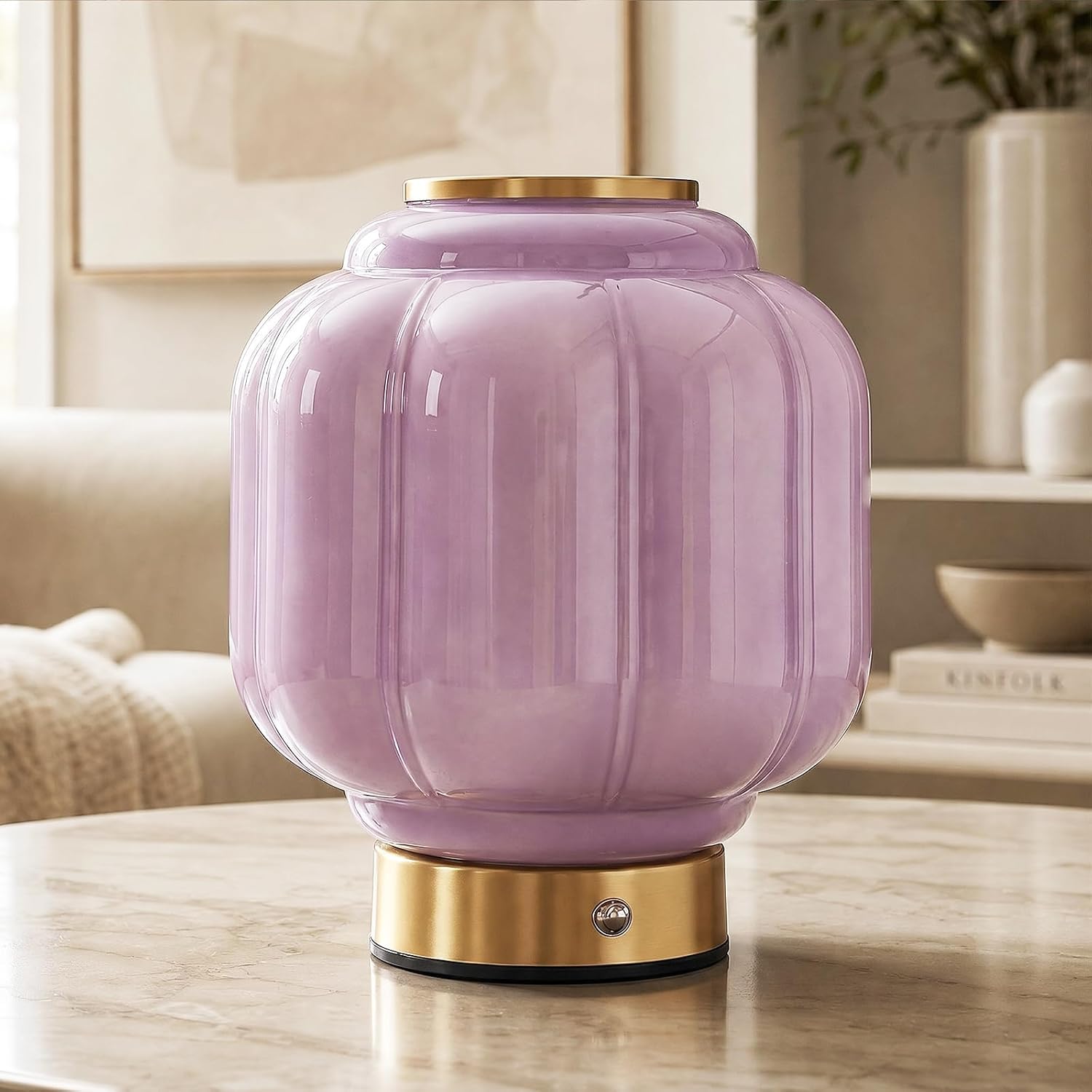 OOWOKS Vintage Glass Table Lamp Cordless Bedside Lamp Rechargeable LED Lamp Touch-Dimmable for Bedrooms and Bedside Tables Small Rechargeable Table Lamp in Mid-Century Style for Living Rooms,Purple
