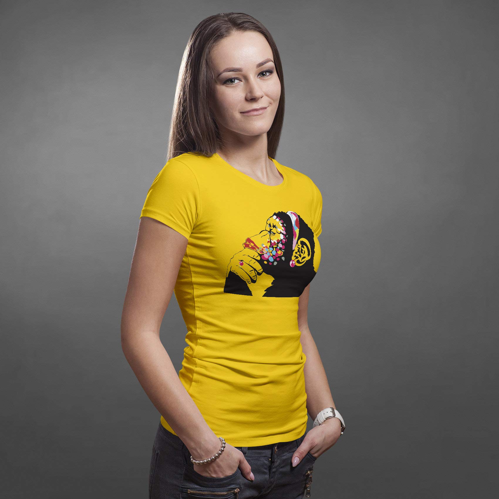 Banksy Monkey Art - Maglietta da donna con stampa divertente e simpatica maglietta con graffiti da strada – Top Thinking Birthday – T-shirt design con cuffie per la cameretta blu navy L