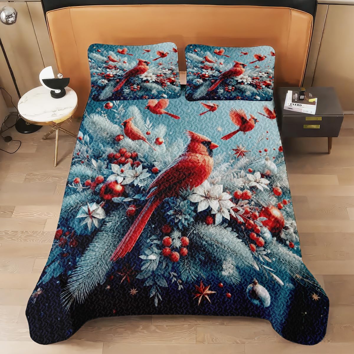 Cardinal Quilt Set, Winter Printed Christmas Bedding Set, Soft Microfiber Comforter for King/Queen/Twin/Throw Sizes (Cardinal Flower)