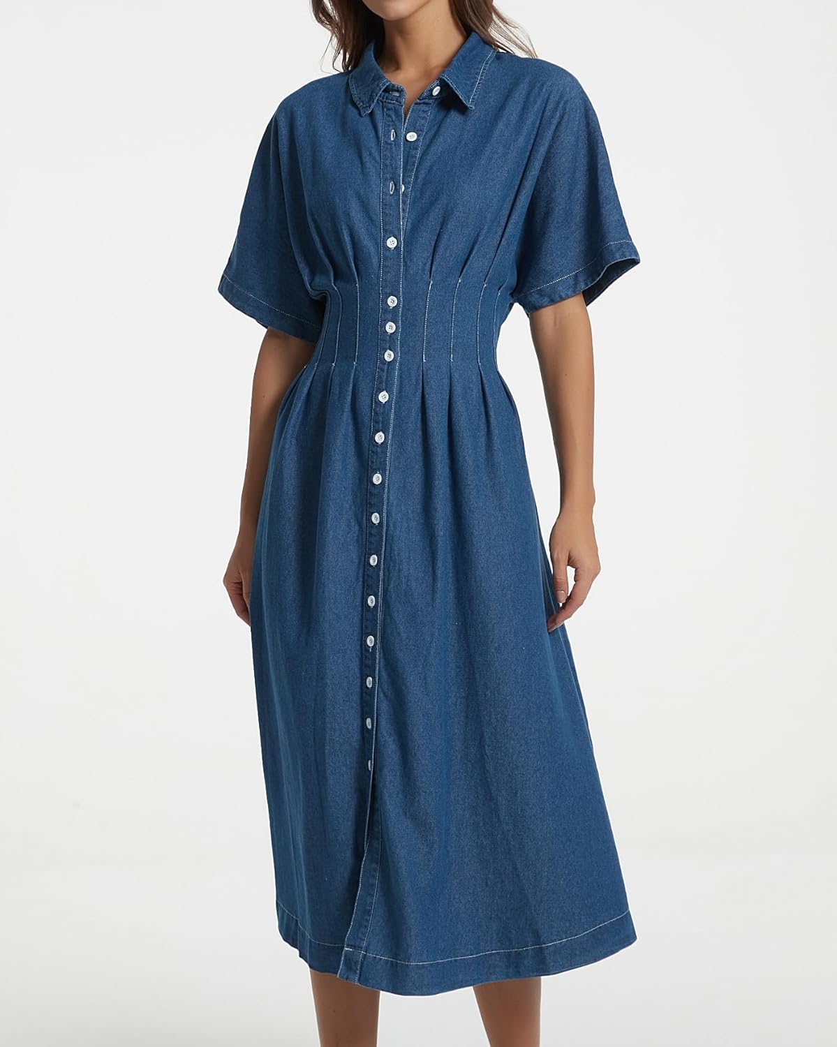 Women's Summer Denim Shirt Dress Lapel V Neck Short Sleeve Midi Jean Dress Button Down Long Dresses - Image 3