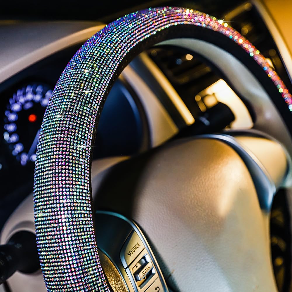 Funda para volante de coche para mujeres y niñas, 15 pulgadas, universal, colorido, con diamantes de imitación de diamante, color negro