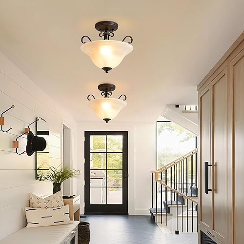 Miniatura 6 de Luvkczc Lámpara de techo retro semiempotrada, lámpara de techo negra, lámpara de techo de mediados de siglo, moderna lámpara de vidrio cerca de