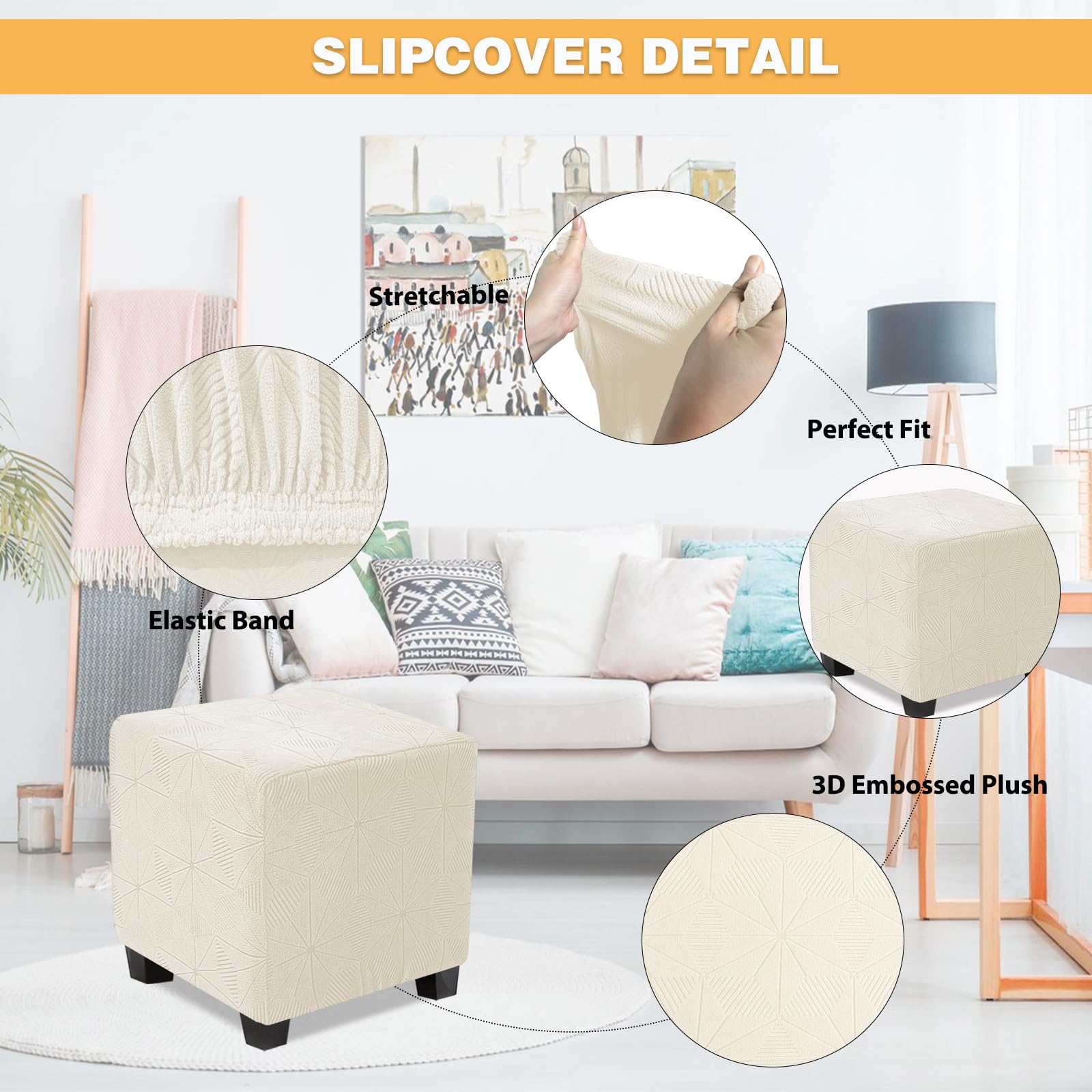 Housses Pouf Carrées NeColorLife - Lot De 2 - Jacquard Doux - Beige - Extensibles