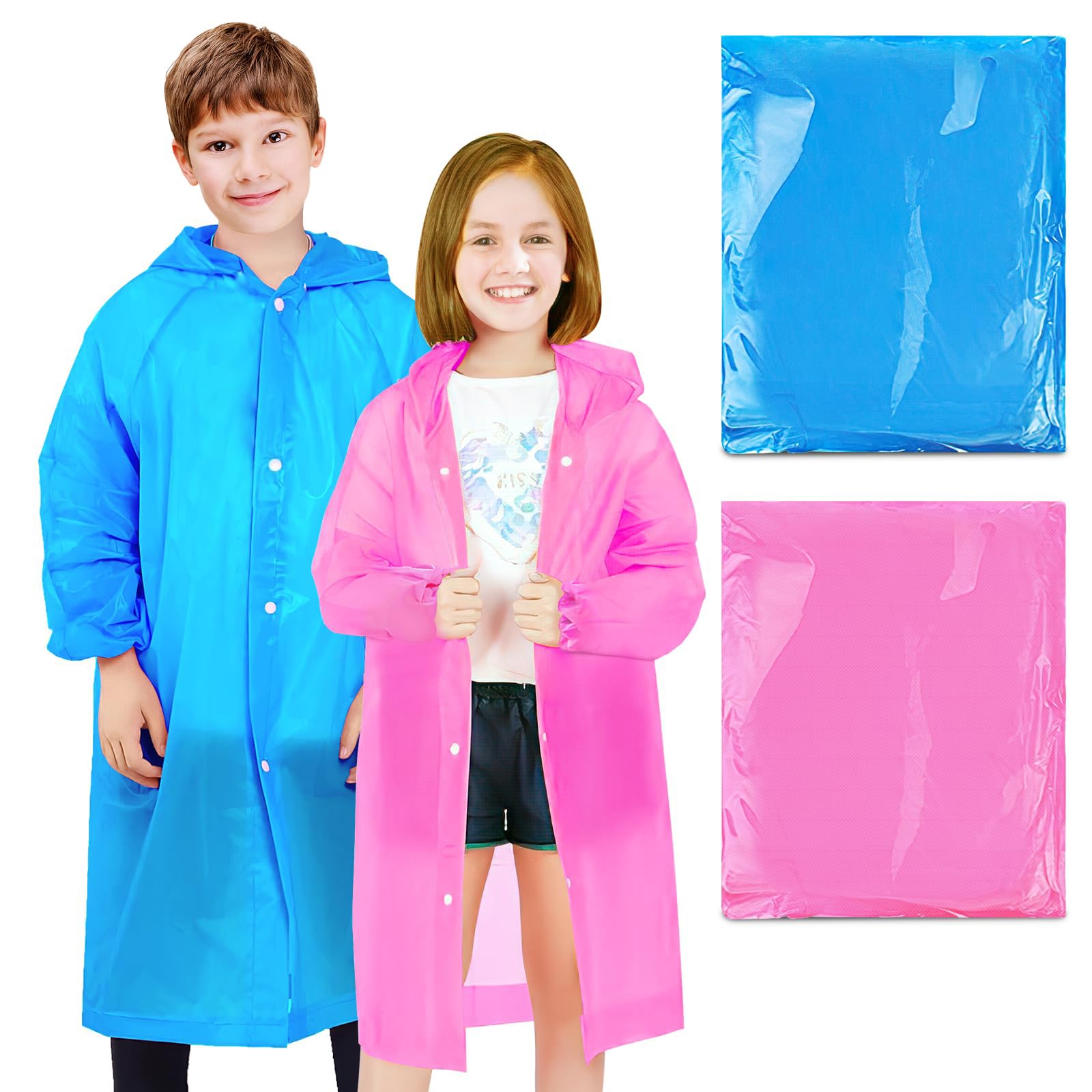 BFONS 2 Pcs Rain Ponchos for Kids Reusable, EVA Raincoats for Boys Girls with Hood and Sleeves, Waterproof Rain Coats